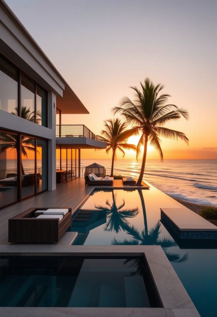 a luxurious beachfront villa at sunset, with…